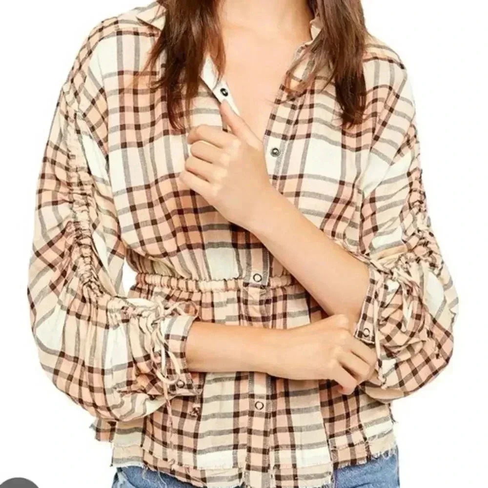We the free peach tree combo women Plaid Long Sleeve Shirt western Viscose Sz  L